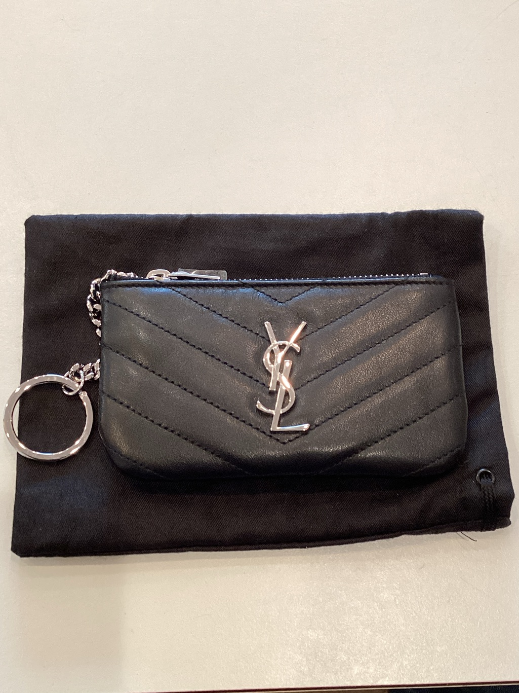 Saint Laurent Black Chevron Quilted Leather Key Pouch With Silver Ysl
